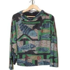 Buykud Womens Lagenlook Artsy Boho Natical Oversized Fish Print Pullover Top XL